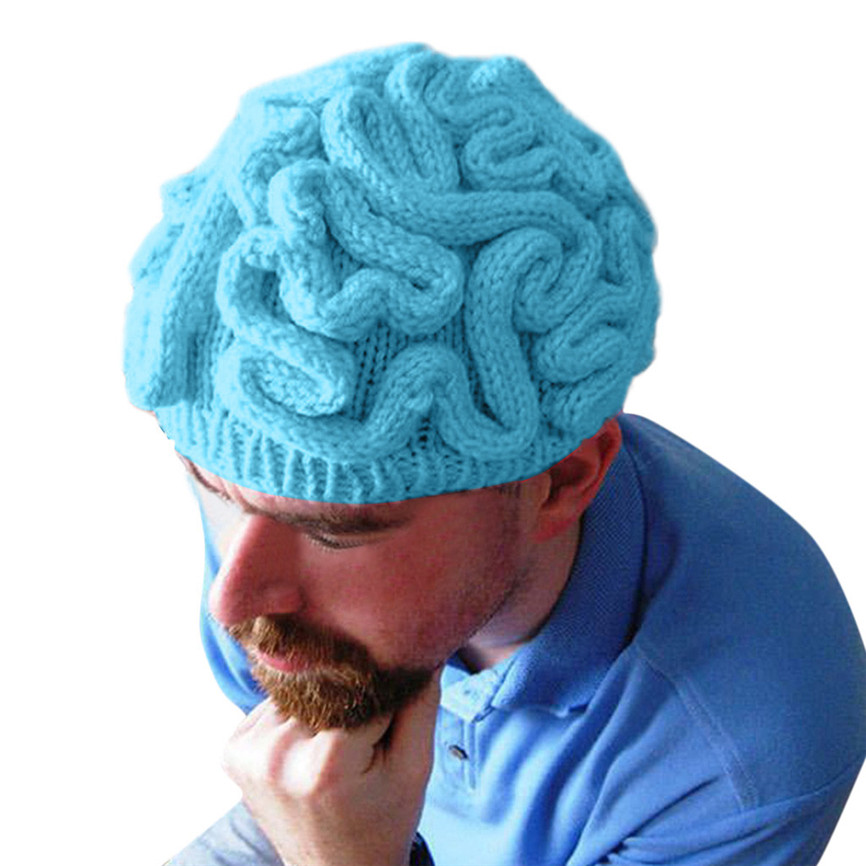 Hand Knitted Personality Brain Hat Halloween Cosplay Hats Kids Adults Crochet Beanie Cool Hats Cerebrum Cap: Blue