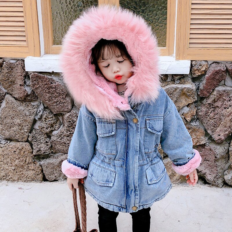 Winter Baby Mädchen Denim Jacke Plus Pelz Warme Kleinkind Mädchen Oberbekleidung Plüsch Denim jacke baumwolle 1-5 Jahre freundlicher Kleinkind Mädchen Parka