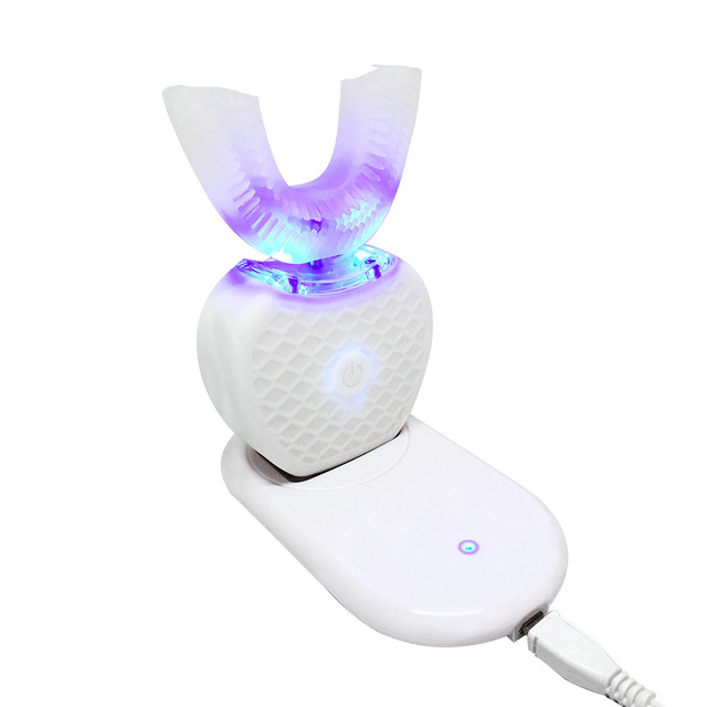 Cepillo de Dientes eléctrico sónico automático inteligente de 360 grados U tipo 4 modos cepillo de dientes carga USB blanqueador de dientes luz azul: Blanco