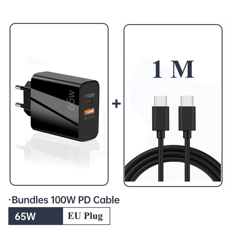 65w- gan usb-c-wandladegerät  pd 33w 4.0 für iphone 13 pro max , 12 12 3.0 macbook air, samsung galaxy und ipad pro: Und 1m kabel eublack