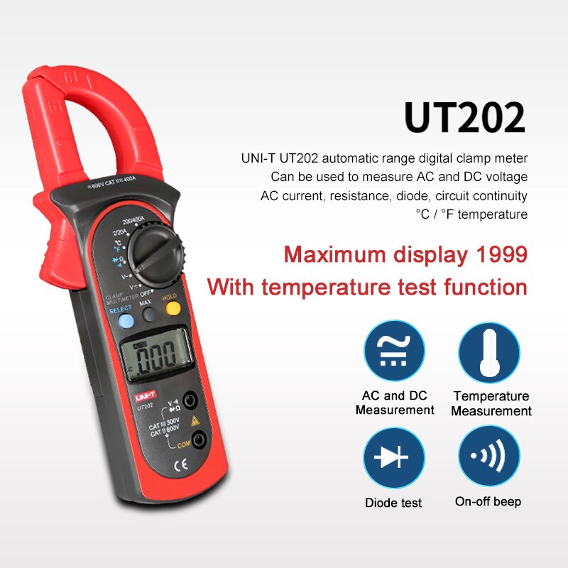 400-600A Digital Clamp Meter Auto range Low battery/over-range indication Auto polarity display AC/DC Voltage Current: UT202 no battery