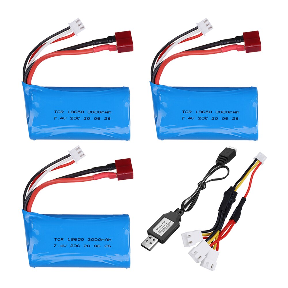 18650 7,4 V 3000MAH lipo Batterie 2s für Wltoys 12423 10428 12429 12401 12402 12402A RC Auto Ersatzteile teile ladegerät 7,4 V 20C batterien: 3pcs USB 3in1