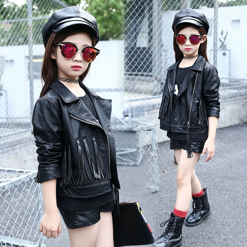 Teen Girls Leather Jacket Autumn Children Zipper Coats Kids Tassel PU Leather Jackets Outwear Clothes for Girls 8 10 Yrs