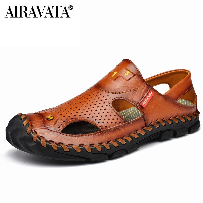 hommes chaussures d'été en cuir bout fermé sandales plates en plein air espadrilles décontractées