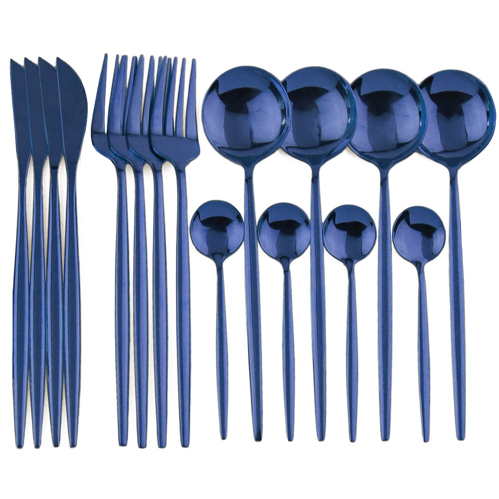 16pcs Luxury Cutlery Set Rainbow Dinnerware Set Stainless Steel Tableware Fork Knife Spoon Dinner Set Silverware With Box: Black Box / 16Pcs Blue