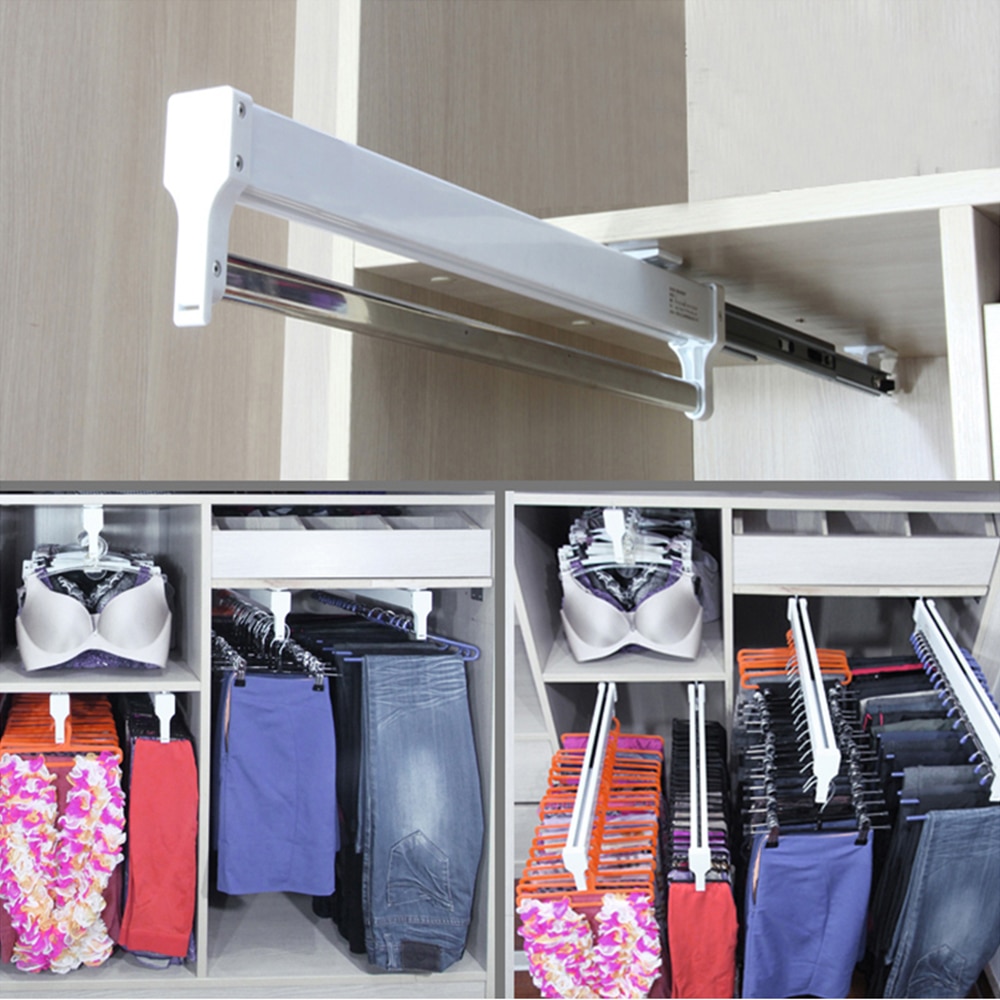Pull-Out Closet Valet Rod Adjustable Wardrobe Clothing Rail Top Mount Wardrobe Hanger Rack Bar Ball Bearing Slide Heavy Duty