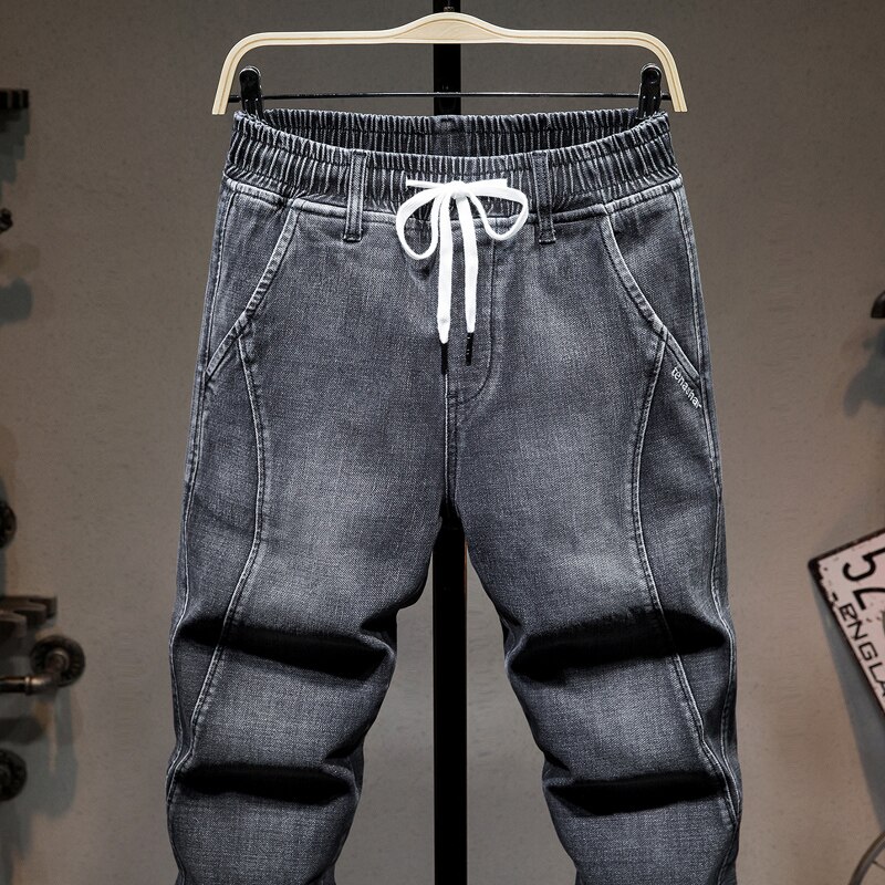 Plus Size 5XL 6XL 7XL Men&#39;s Elastic Waist Baggy Jeans 2022 Spring Denim Work Pants Male Trousers Grey Blue