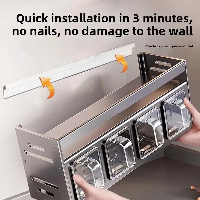 Estante de especias de cocina, organizador de almacenamiento montado en la pared para uso doméstico, juego de contenedores de condimentos multifuncional, no requiere perforación