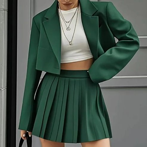 Elegante kurze Blazer-setzt für Damen, bauchfreie Blazer, Jacken und modischer Falten-Minirock, 2-teiliger Anzug für weibliche Outfits, Streetwear