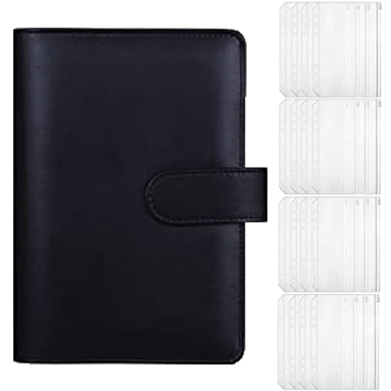 A5 Leather Notebook Binder with 16Pcs A5 Plastic Binder Pockets, Budget Envelope System,A5 Budget Planner Binder Cover: Black White