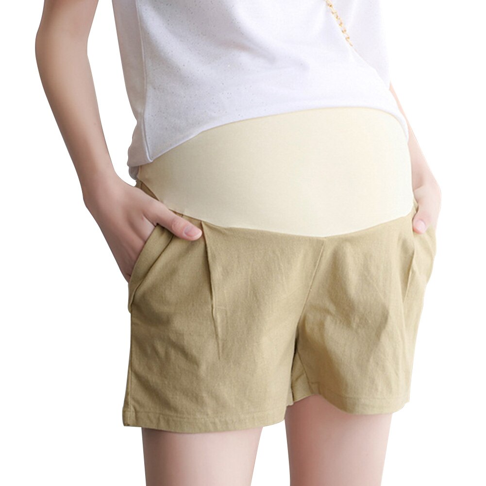 Moederschap Shorts Solid Over Buik Linnen Katoen Zwangerschap Casual Outdoor Mode Zomer Elastische Taille Ademend Dunne Zachte: Khaki / L