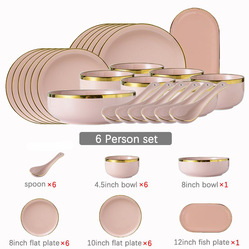 Pink Ceramic Dinner Plates Dishes Tableware Set Cake Food Plates Salad Soup Bowl Dinnerware Set for Restaurant Hotel