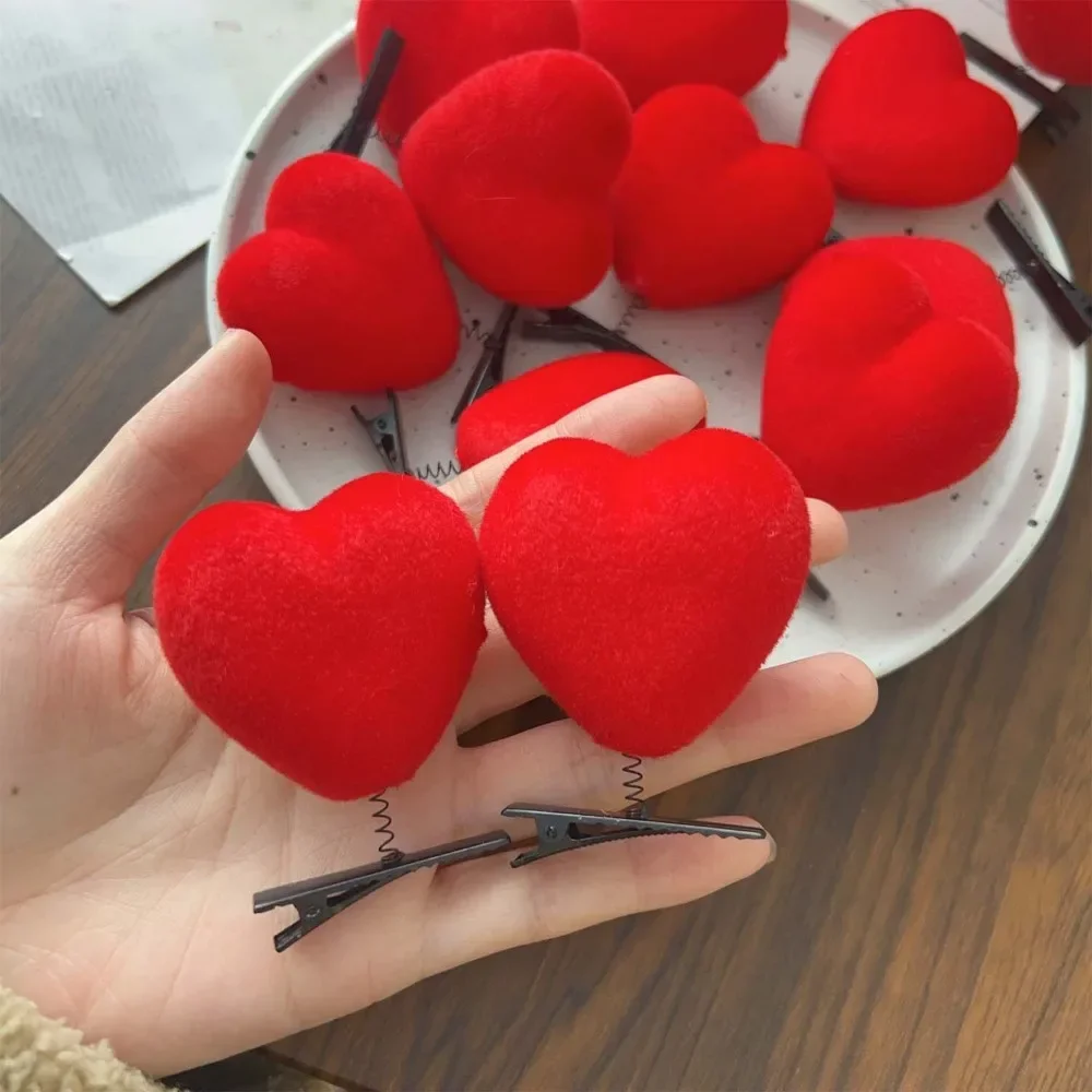Pinzas para el cabello con forma de corazón rojo flocado, pinzas para el cabello con forma de corazón para bodas, horquilla de felpa, Clip de pico de pato a la , pasadores para el cabello para niños,
