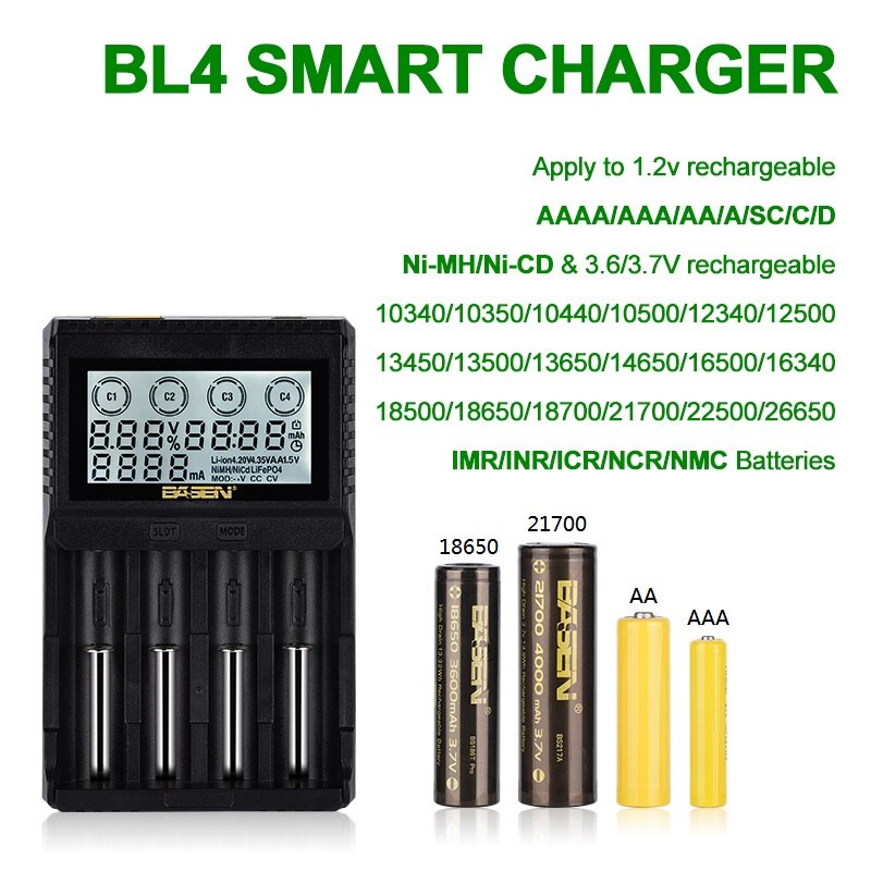 BASEN BL4 LCD Battery Charger for 18650 26650 21700 32700 3.7V/3.2V/1.2V AA AAA NiMH Battery 18650 Lithium Battery Charger