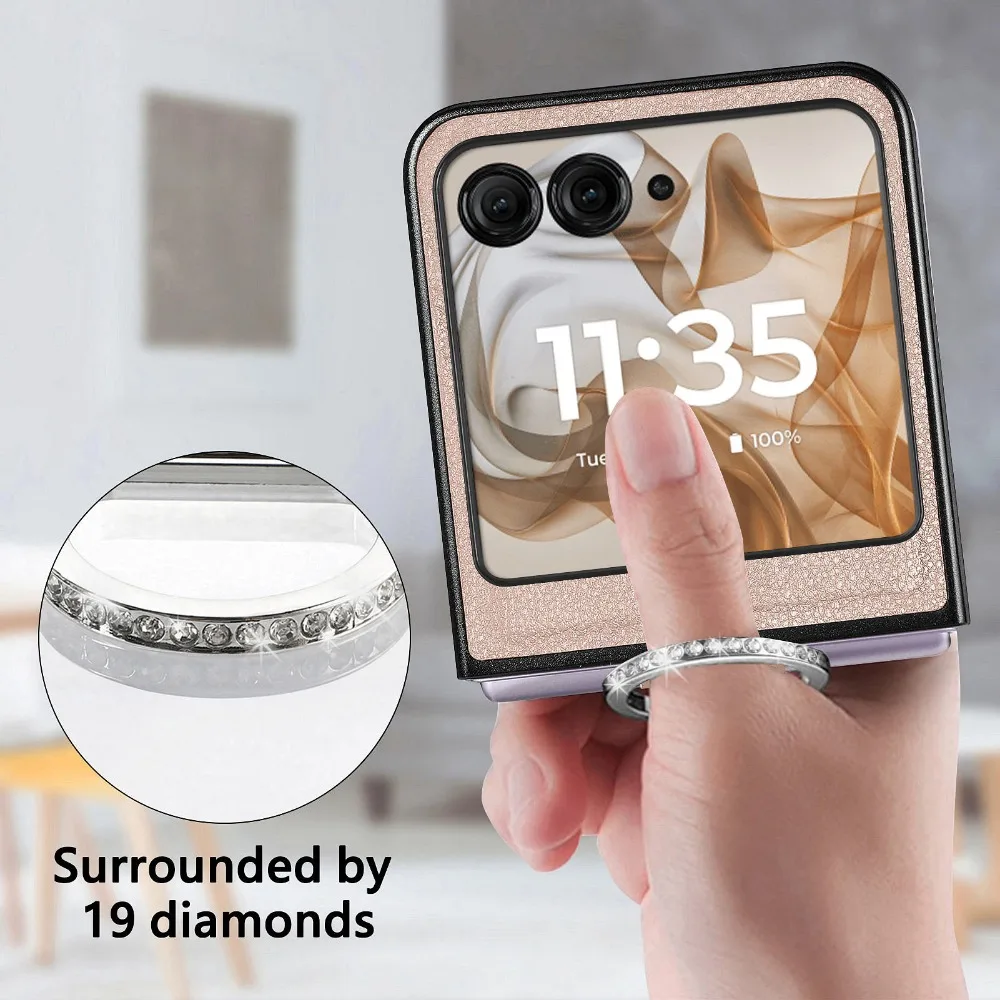 Capa de telefone luxuosa de couro pu para motorola moto razr 60 50 40 ultra com anel padrão de lichia pu tela dobrável capa protetora traseira