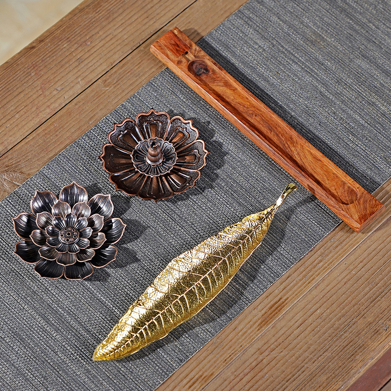 Brûleur d'encens en bois de poire, feuille d'or, fleur de Lotus, artisanat , décoration, porte-encens, cérémonie du thé au bureau
