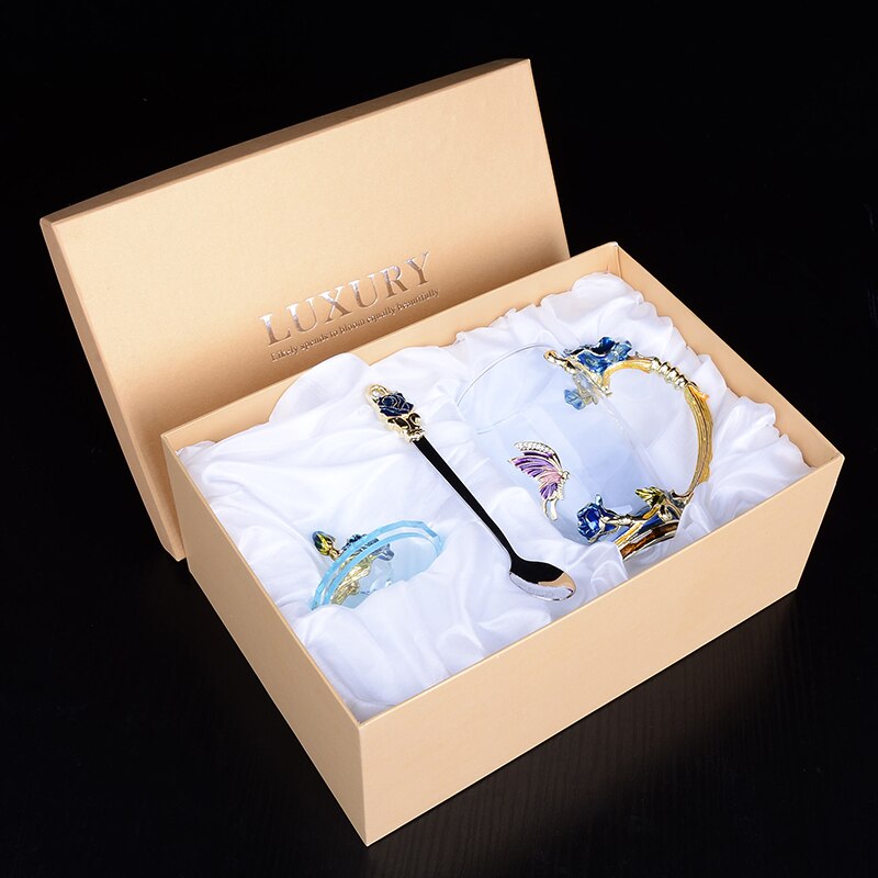 Glass Coffee Mug Tea Cup Enamel Crystal Flower High-grade Handgrip for Lover Wedding R2078: Blue Set 2