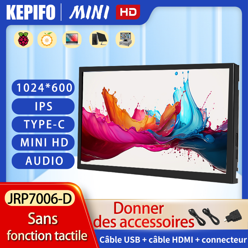 Écran compatible HDMI de 7 pouces pour Raspberry Pi 3B/3B +/4B/4B +/ZERO, Mini Module PC sans écran tactile, 1024x600 IPS, haute puissance
