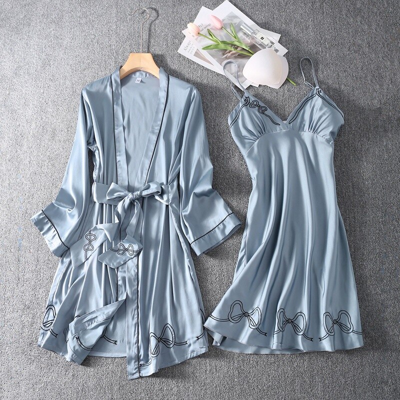 Conjunto de Bata de rayón con lazo bordado y cuello en V para mujer, camisón Sexy con tirantes, ropa de dormir para el hogar, verano, 2 uds.: Gray / XL