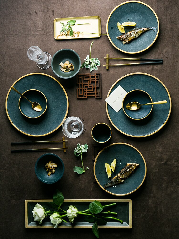 Dark Green Ceramic Plates Dinnerware Set Gold Inlay plate SOUSPLAT Mug Double Ear Bowl