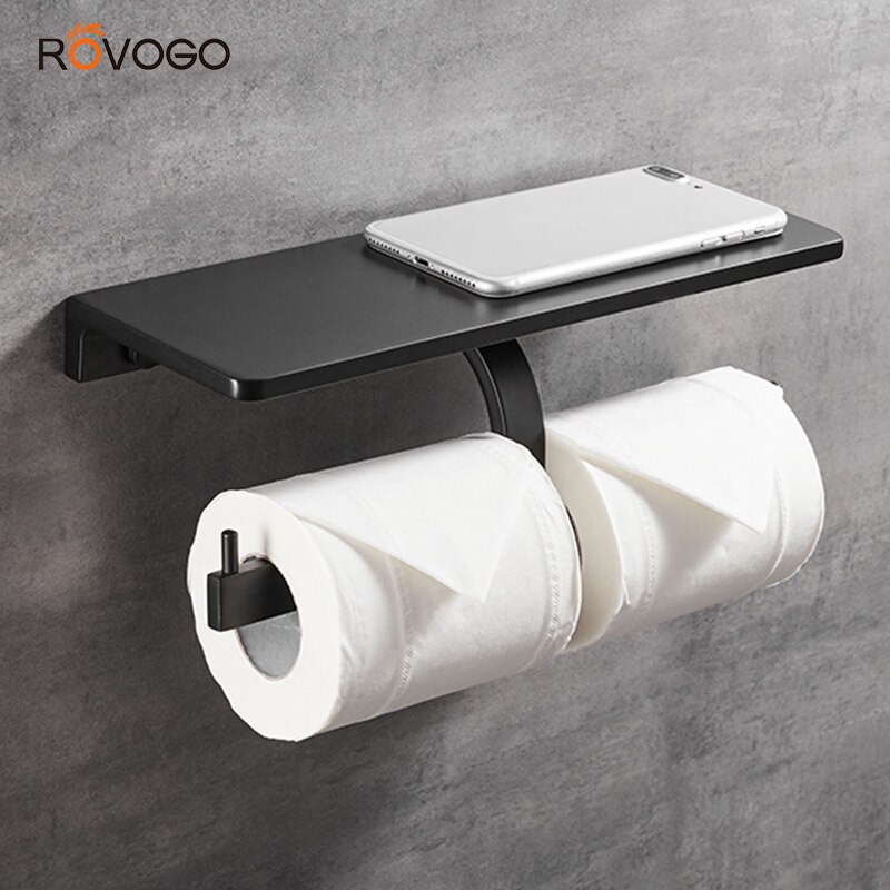 ROVOGO Matte Black Double Roll Toilet Paper Holder with Phone Shelf, Modern Style Bathroom Tissue Dispenser Wall-Mounted