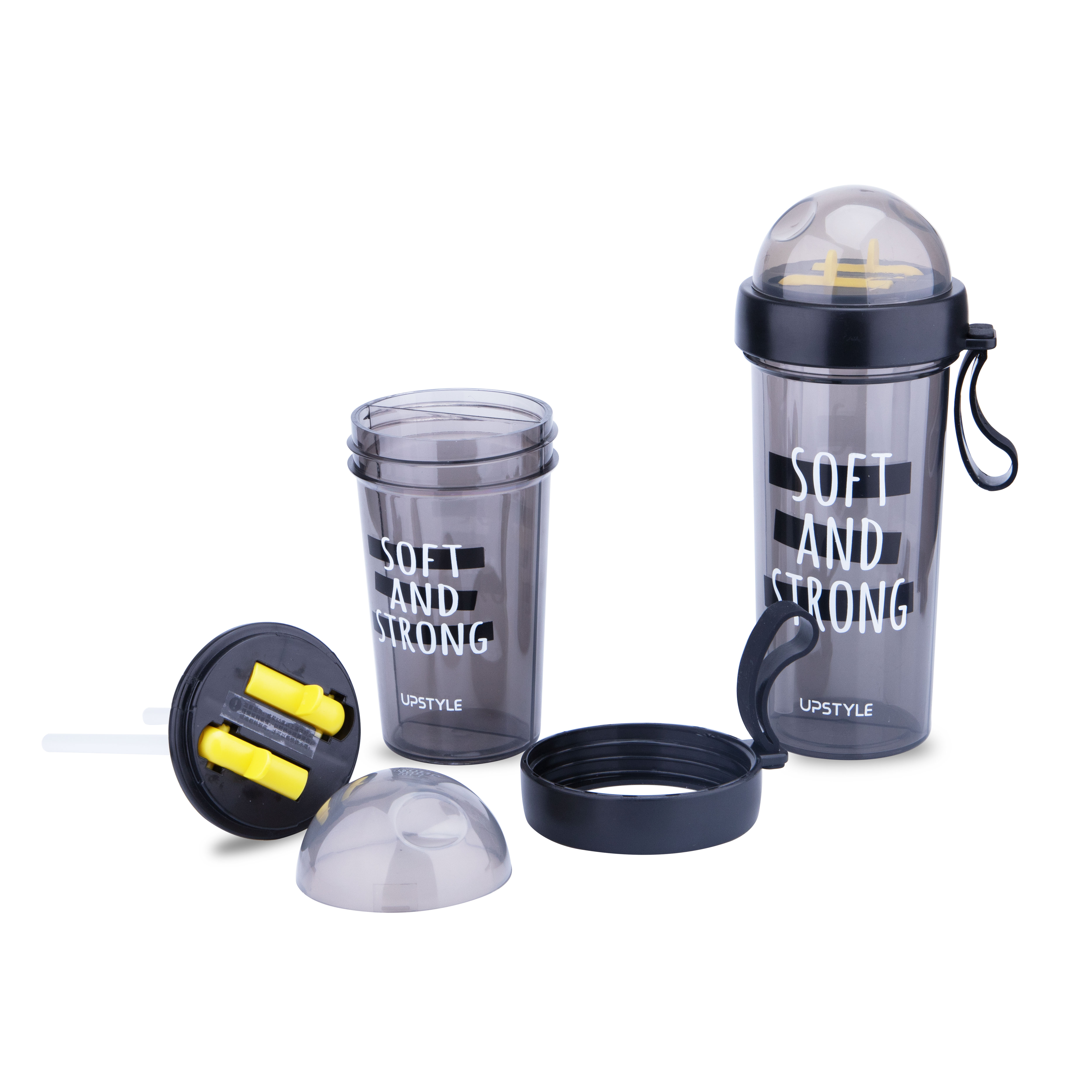 Dubbelfunktions plast shaker flaska protein vattenflaska med sugrör för gym