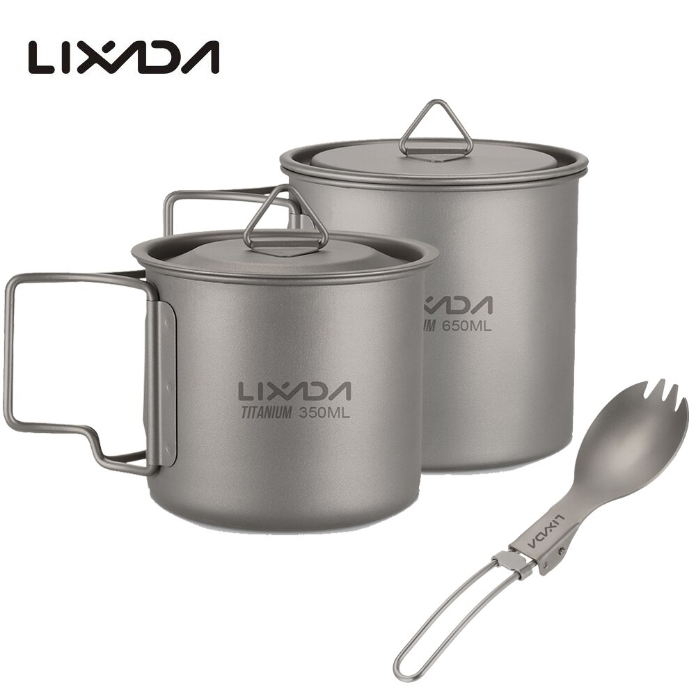 Lixada Titanium Cup Camping Verwarming Mok Servies Lichtgewicht Outdoor Survival Koken Apparatuur Wandelen Kookgerei Picknick Gebruiksvoorwerpen: 350 650ml with Spork