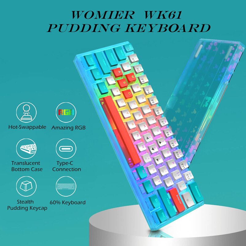 2022 Womier WK61 Ultra-Slim Gaming Mechanical Keyboard Swappable RGB 60% RGB Pudding Keycap Red Switch Crystalline Base