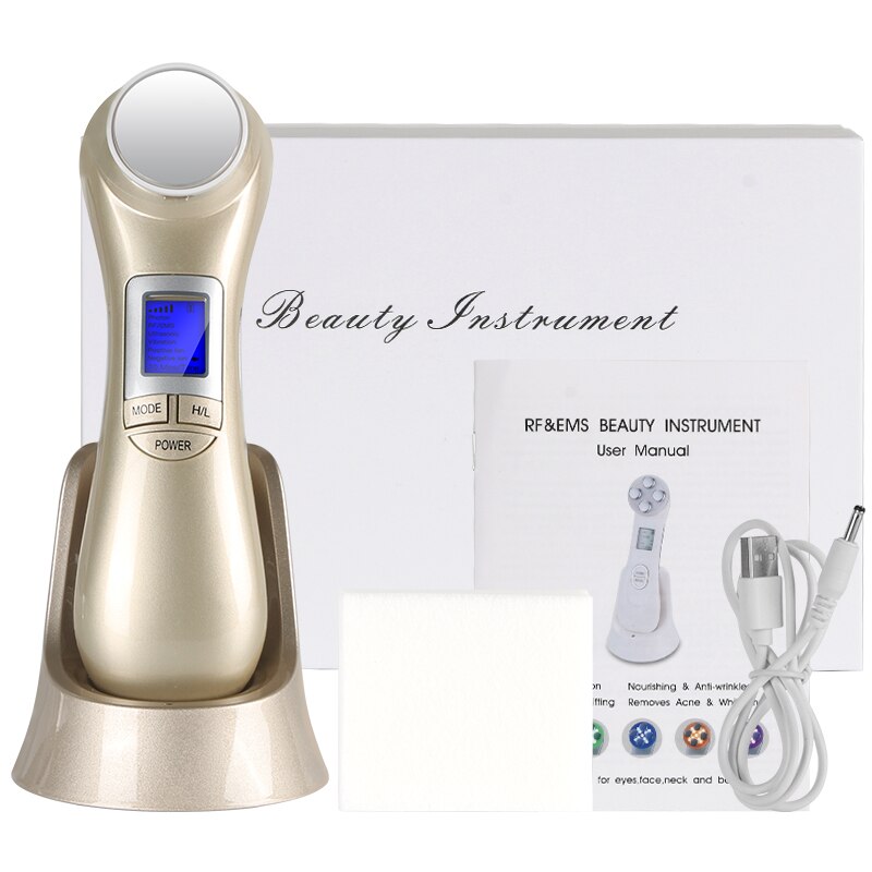 5 in 1 Ultrasonic Face RF LED Photon Rejuvenation Machine Facial Skin Lifting Device EMS Mesotherapy Ion Therapy Massager: Golden WITH BOX
