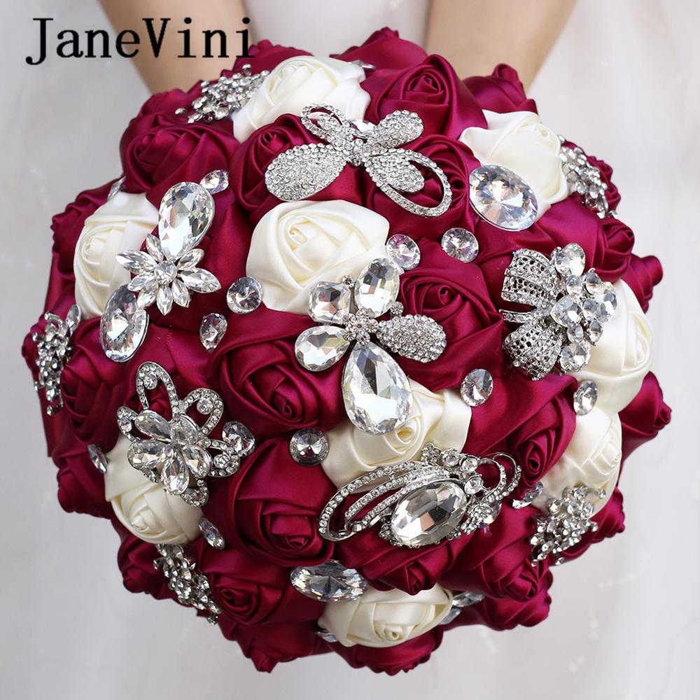 JaneVini Luxury Rhinestone Fuchsia Bridal Hand Bouquets Wedding Flowers Artificial Satin Roses Beaded Wedding Brooch Accessories