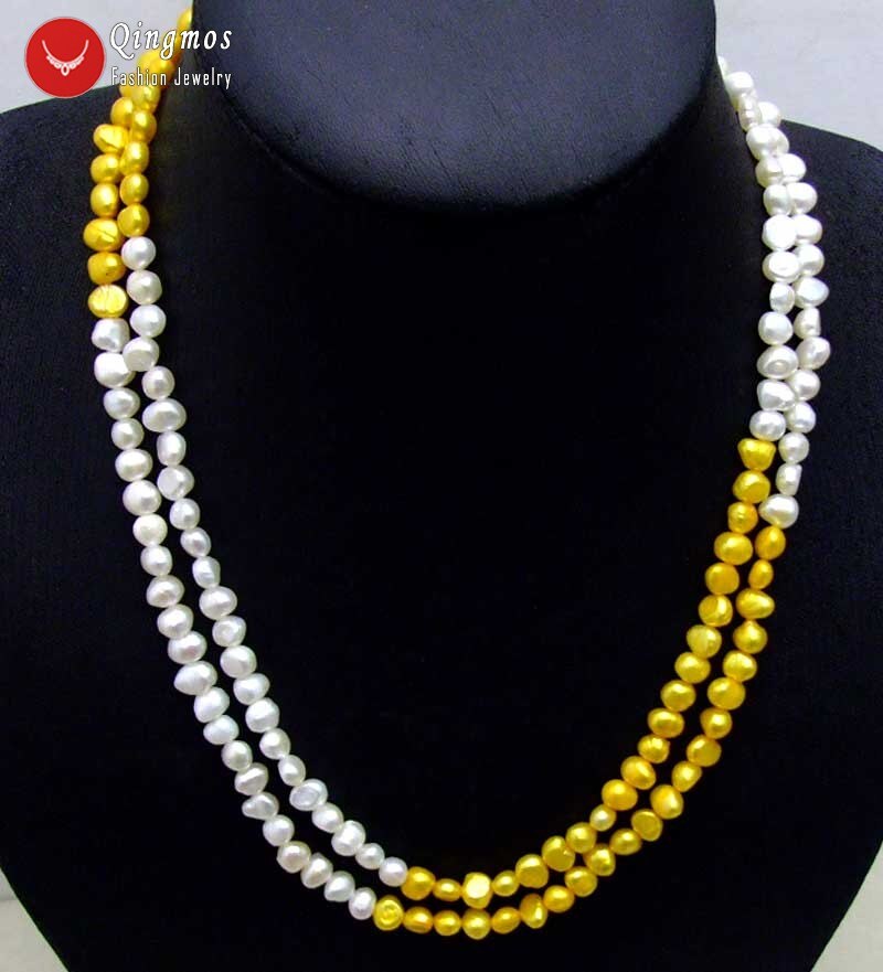 Qingmos Mode 6-7Mm Barokke Natuurlijke Zoetwater Wit Geel Parel Ketting Voor Vrouwen Lange Ketting 40 &quot;Sieraden choker Nec6109: Yellow and White