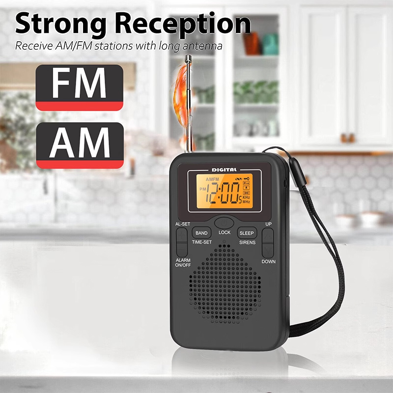 Pocket AM/FM portable radio with good reception effect, 2-band digital radio, display speaker, headphone jack, alarm clock