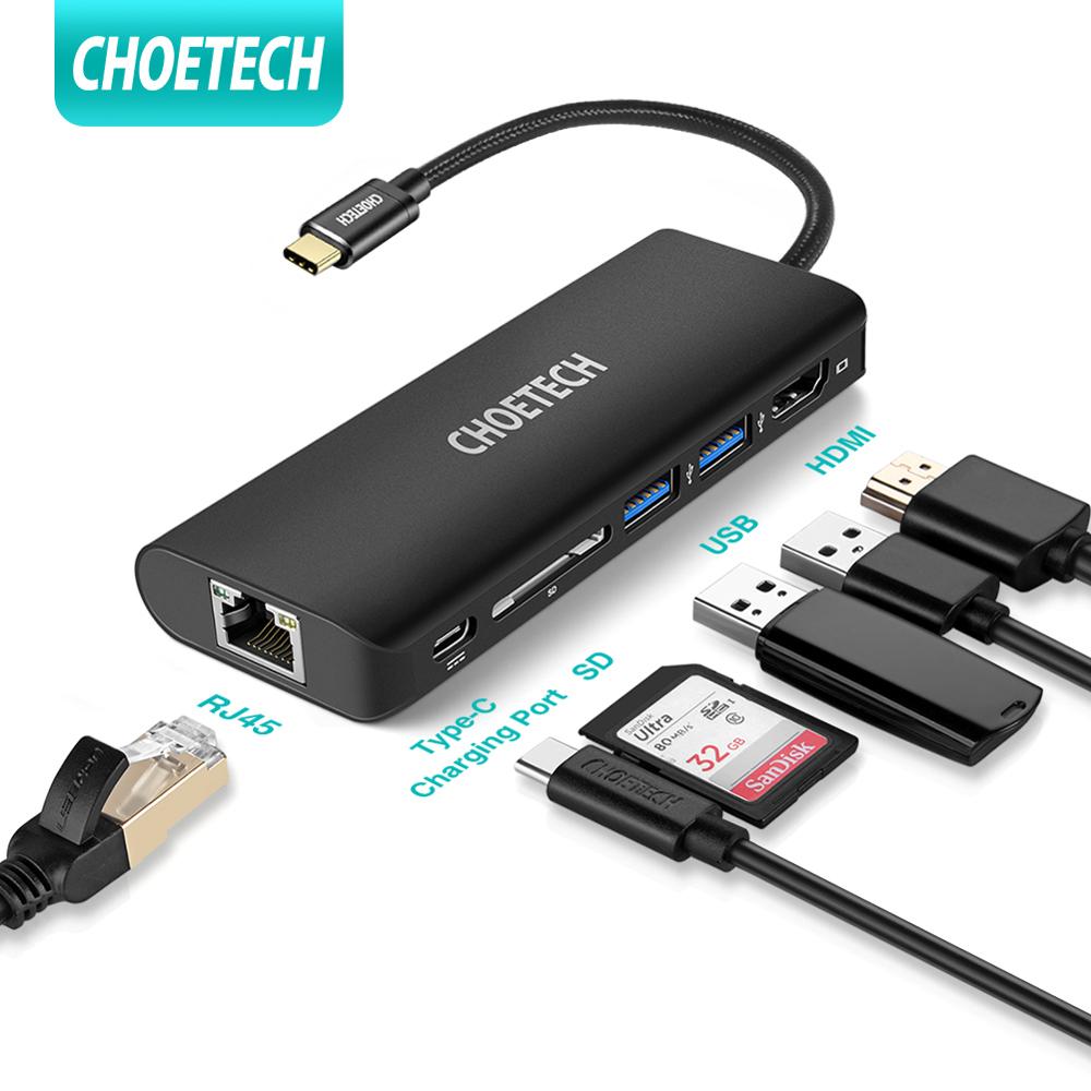 CHOETECH USB HUB C HUB to Multi USB 3.0 HDMI RJ45 Adapter SD Reader for MacBook Pro USB-C Type C 3.0 Splitter 2 Port USB C HUB