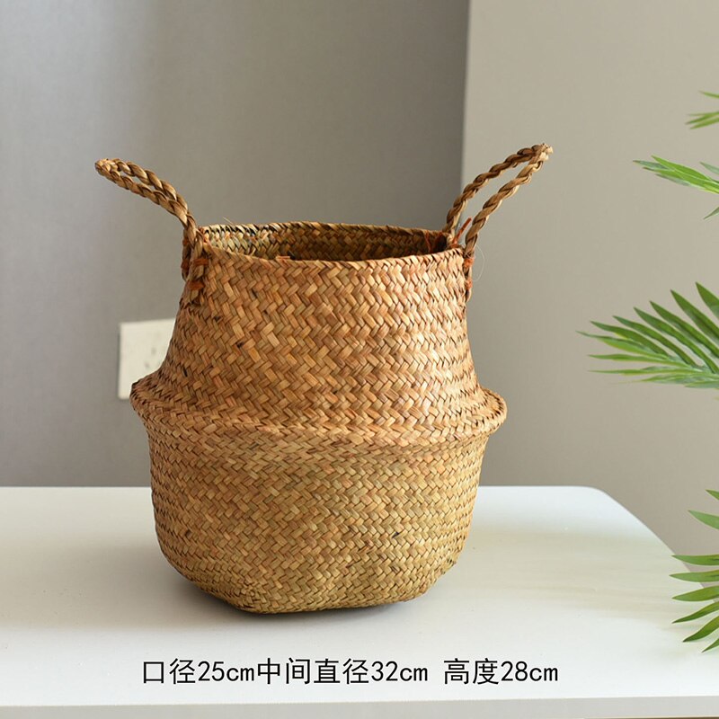 Nordisk opbevaringskurv rattan urtepotte flettang vævning blomsterkurv kunsthåndværk dekoration moderne hjem grøn plante potte: C-large