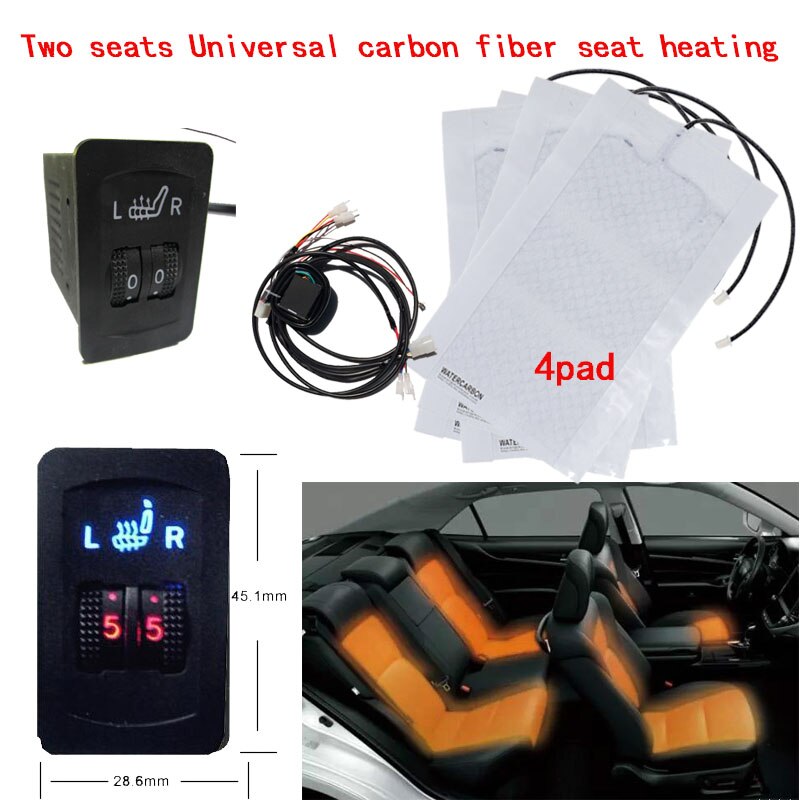 2 Seats 4 Pads Universal Carbon Fiber Heated Seat Heater 12V Pads 2 Dial 5 Level Switch Winter Warmer Seat Covers 2/5 level: 28.99