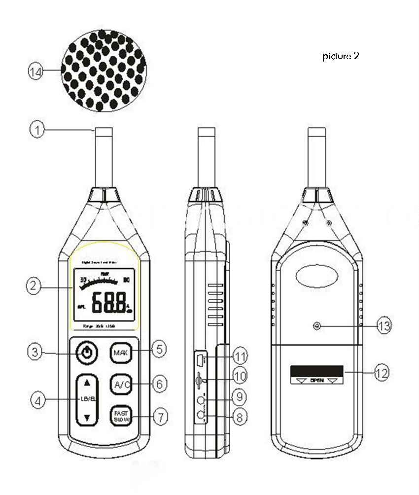 LCD Display Sound Pressure Level Meter Reader, 30-130dBA Range, Max Hold, A/C, Fast/Slow Mode, 7-gear Adjustable Noise Meter