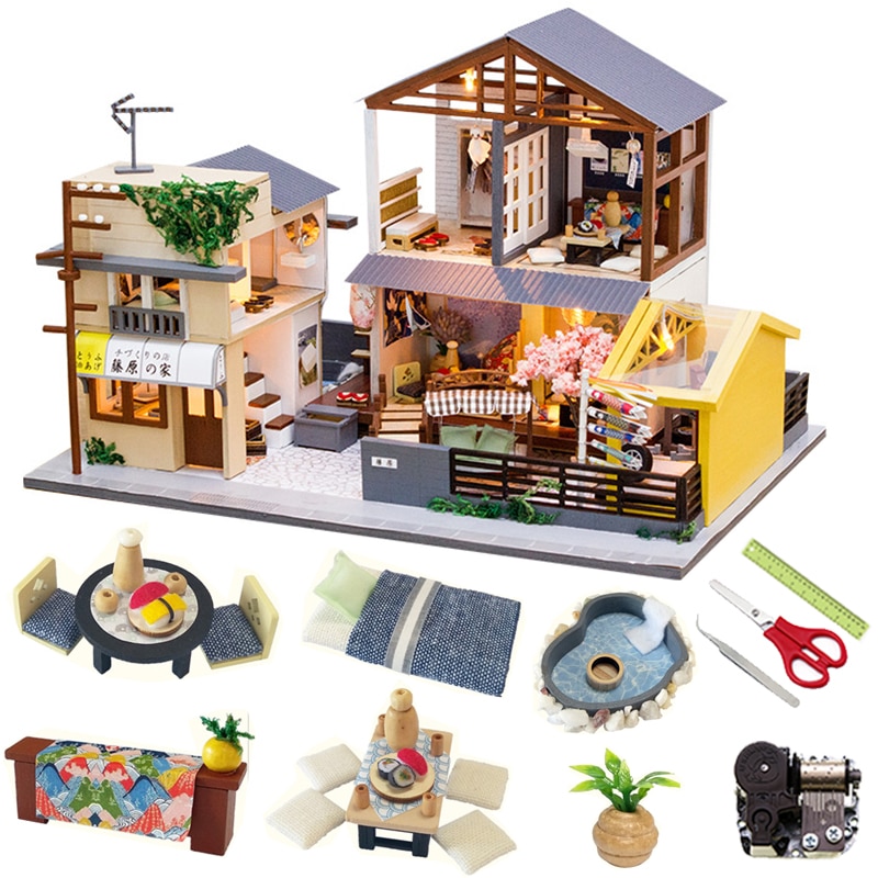 CUTEROOM DIY Miniatuur Poppenhuissets Met Meubels, Houten Poppenhuisset Muziekmechanisme En Led Verlichting Quiet Life 2239176129