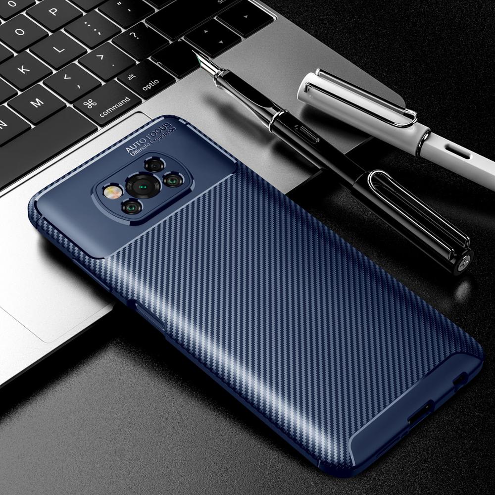 KEYSION-funda trasera del teléfono para Pocophone X3 NFC, funda trasera de silicona a prueba de golpes con textura de fibra de carbono y NFC, modelo funda de teléfono para Xiaomi POCO X3: Navy Blue