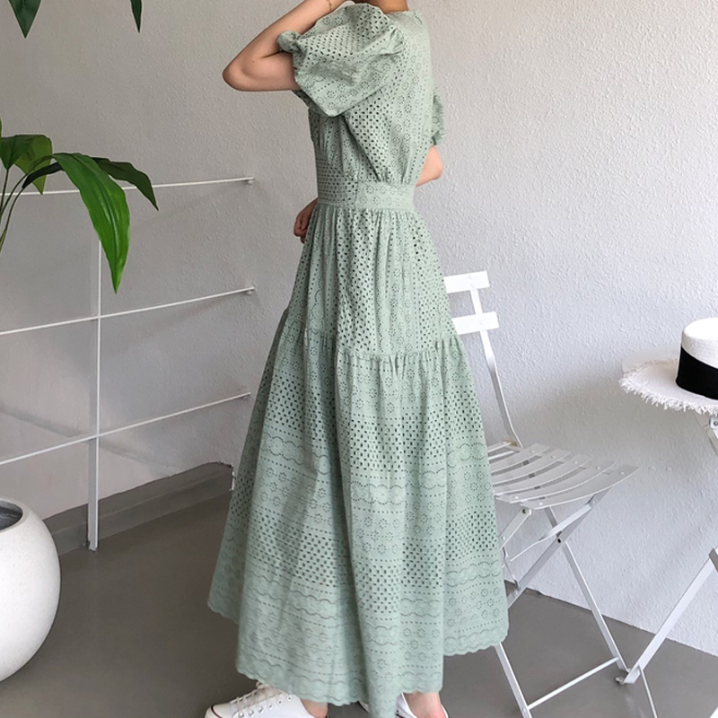 Sommer Frauen Strand Stil Solide max kleid O-ansatz Puff hülse Kleider hoch Straße Weibliche Vestidos INKEO 9D217