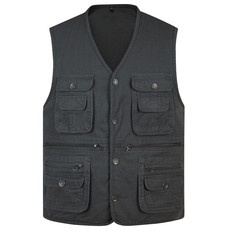 Gilet classique d&#39;été pour hommes, veste sans manches à boutons en coton, 3 couleurs, avec de nombreuses poches, solide, gilet de voyage de grande taille: Army Green Vest / XXXL