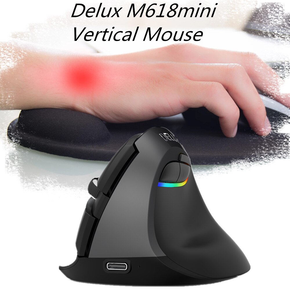 Delux-ratón Vertical inalámbrico M618Mini, dispositivo ergonómico con Bluetooth, batería recargable de 2,4 GHz, RGB, para muñeca y mano