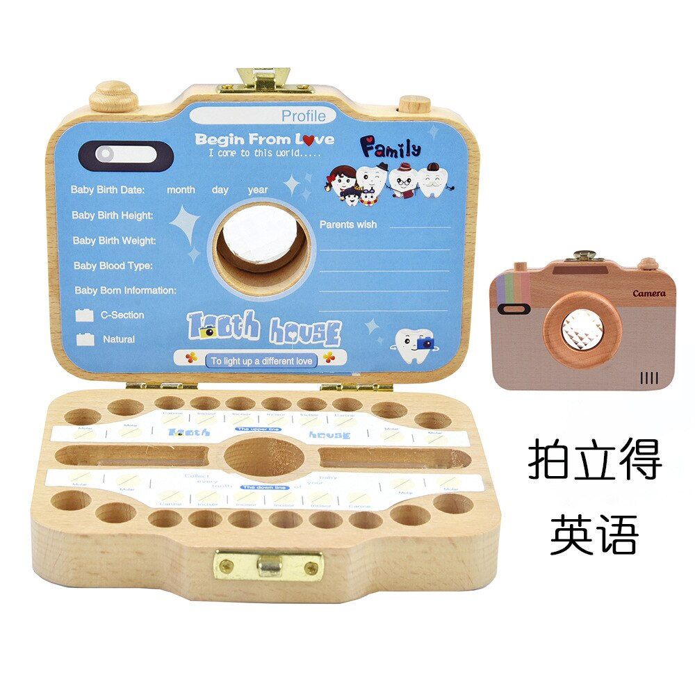 Baby houten tandendoos organizer melktanden opslag camera doos japans engels tanden verzamelen navelstreng bewaren baby tandendoos: Polaroid-engels