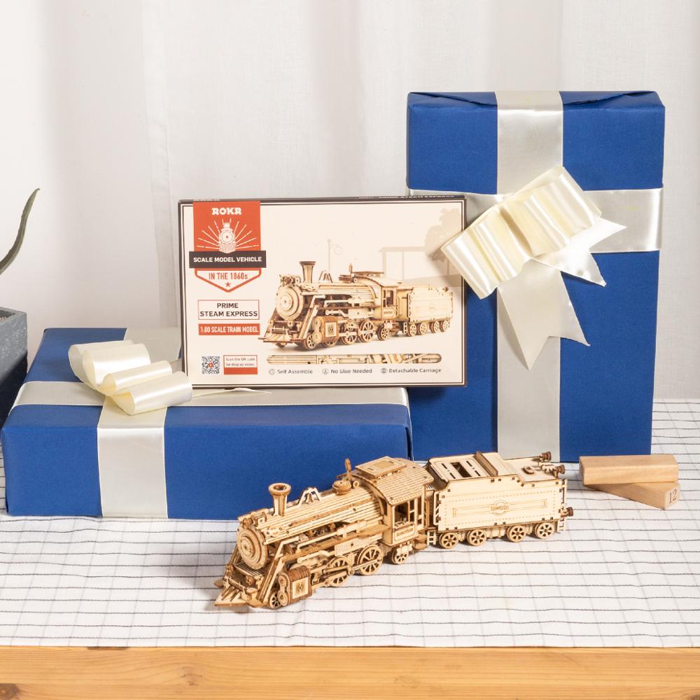 Robotime Rokr DIY ruchomy pociąg parowy, samochód, Jeep drewniany Model klocki do budowy zestawy montaż zabawki prezent dla dzieci dorosłych Dropship