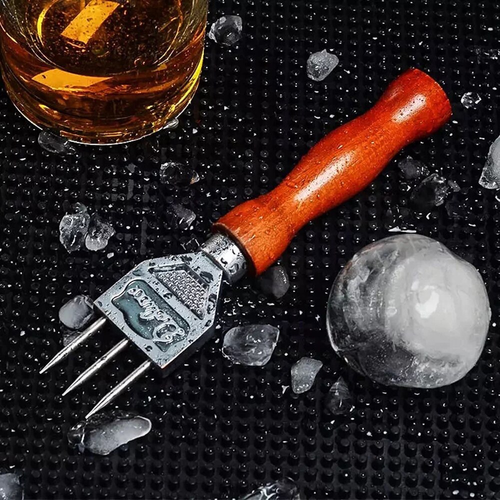 Ice Pick - Sturdy Steel Three Pronged Ice Ice Wood Tools Bartender With Bar Handle For Cocktail Chipper