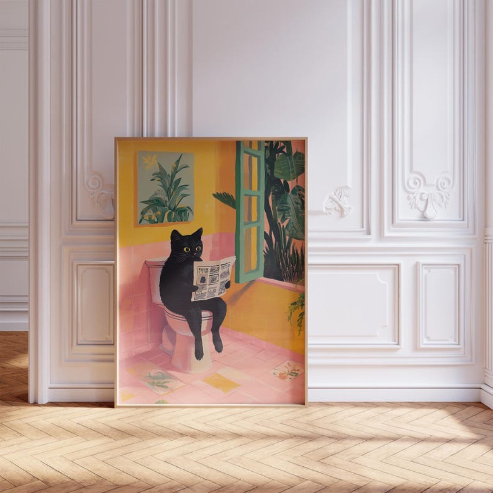 Funny Toilet Cat Canvas Prints Poster Japanese Dopamine Aesthetic for Cat Lovers Bathroom Wash Room Home Decor Art Poster