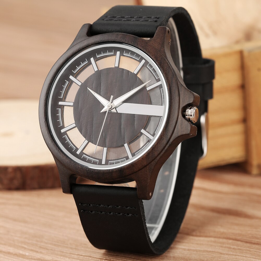 Ebony wood ur herre gennemsigtig hul urskive træure analogt ur vintage quartz armbåndsur reloj de madera
