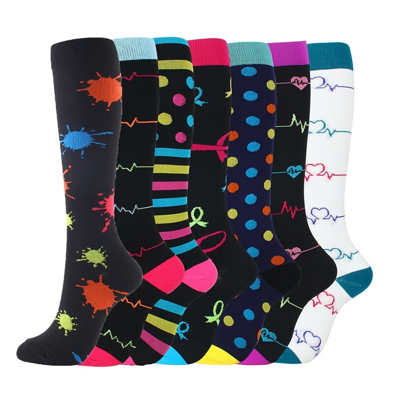 7PCS/Set Compression Socks Richly Colorful Kit Knee High Polyester Nylon Printed Hosiery Footwear Outdoor Sports Casual Socks: D / L/XL