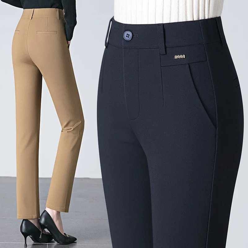 Svarta dambyxor med vardagskläder, snygga stretchbyxor, mörkblå khakifärgade slim fit-byxor, asiatisk storlek 27-33,