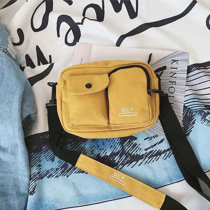 Simple classique toile sacs pour femmes nouveauté femmes moraillon couleur unie de base femme lettres sacoche à fermeture éclair: Jaune