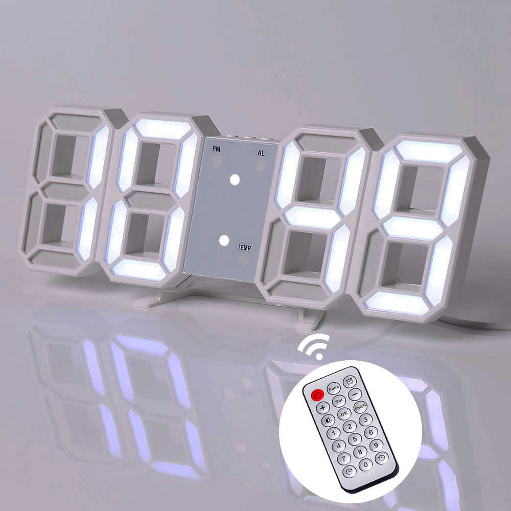 W&amp;G 3D Wall Clock Remote Korea Snooze Alarm Clocks Hanging Watch Table Clock Calendar Electronic Clock Intelligent Digital Clock: R white